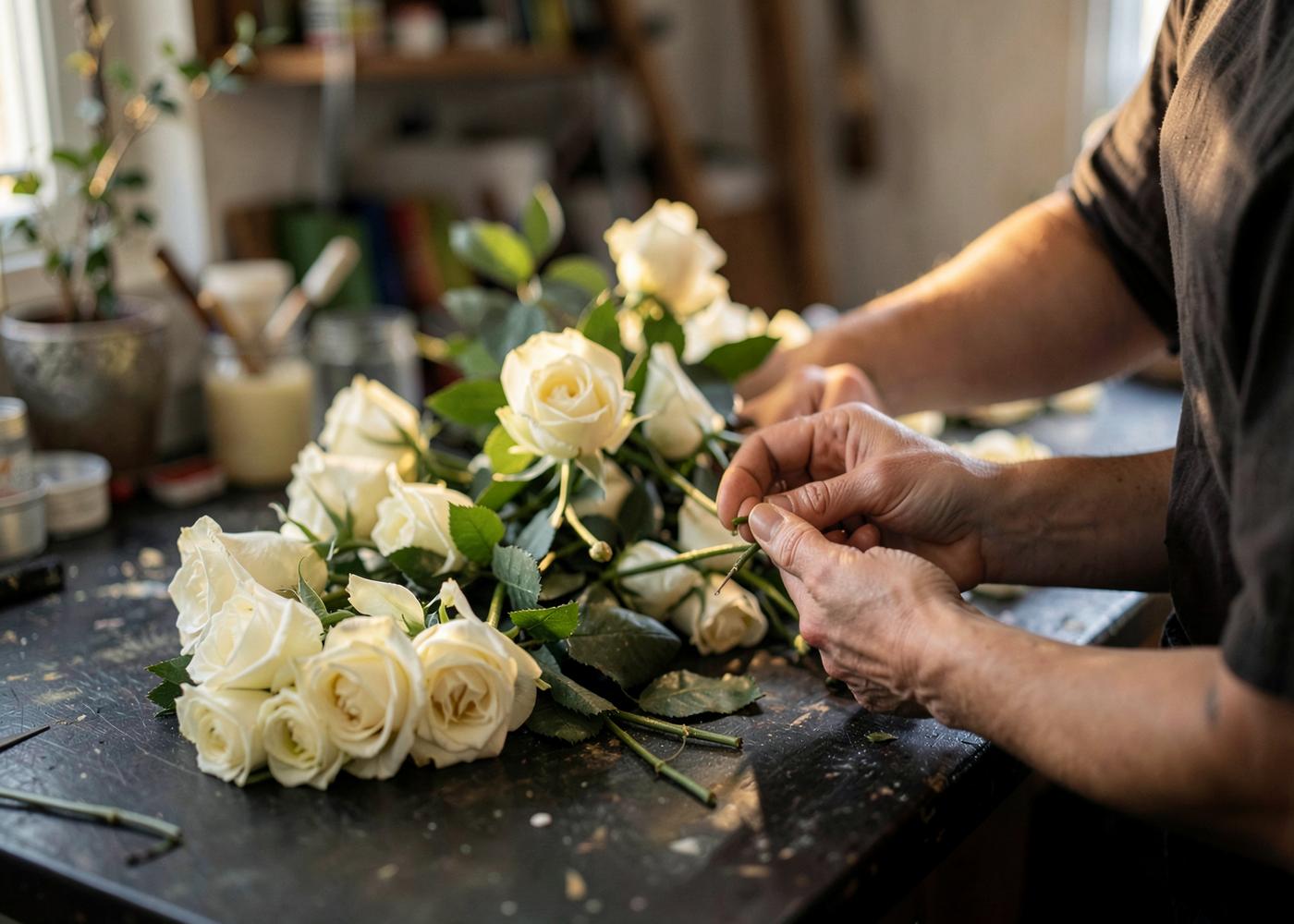 Hands arranging ivory roses on a dark studio workbench